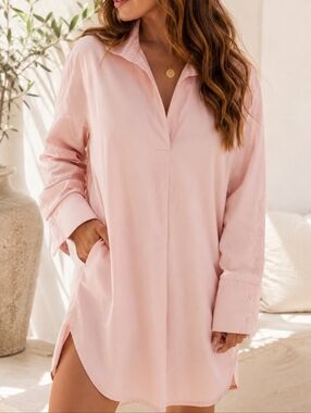 LATTELOVE Oversized Pink Shirt Dress Lounge Tunic Sleep Shirt Cotton M